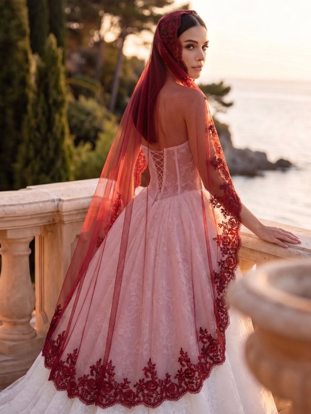 Vintage Red Floral Lace Edge Bridal Veil No Comb